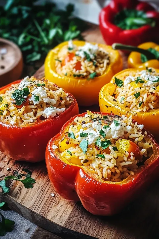 Gefüllte Paprika mit Reis und Feta für ein einfaches Abendessen
