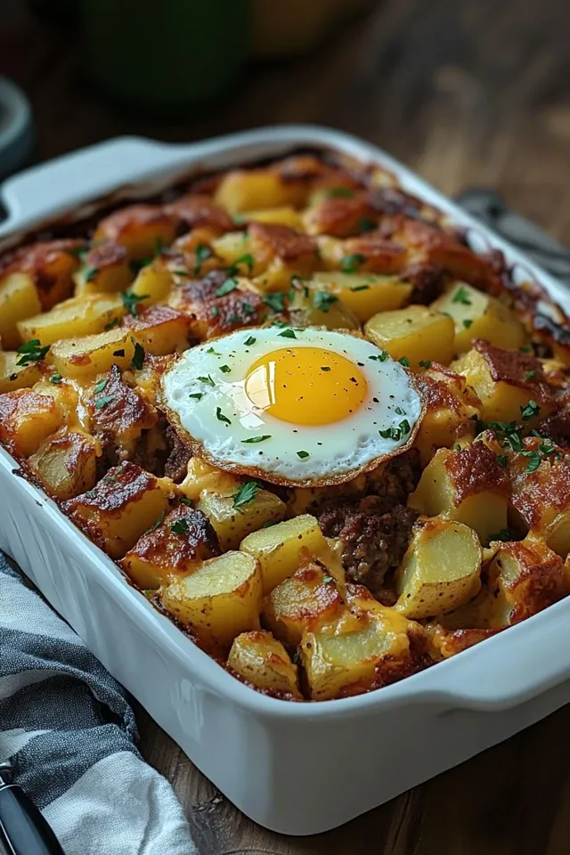 Bratkartoffel Auflauf mit Beef und Spiegelei