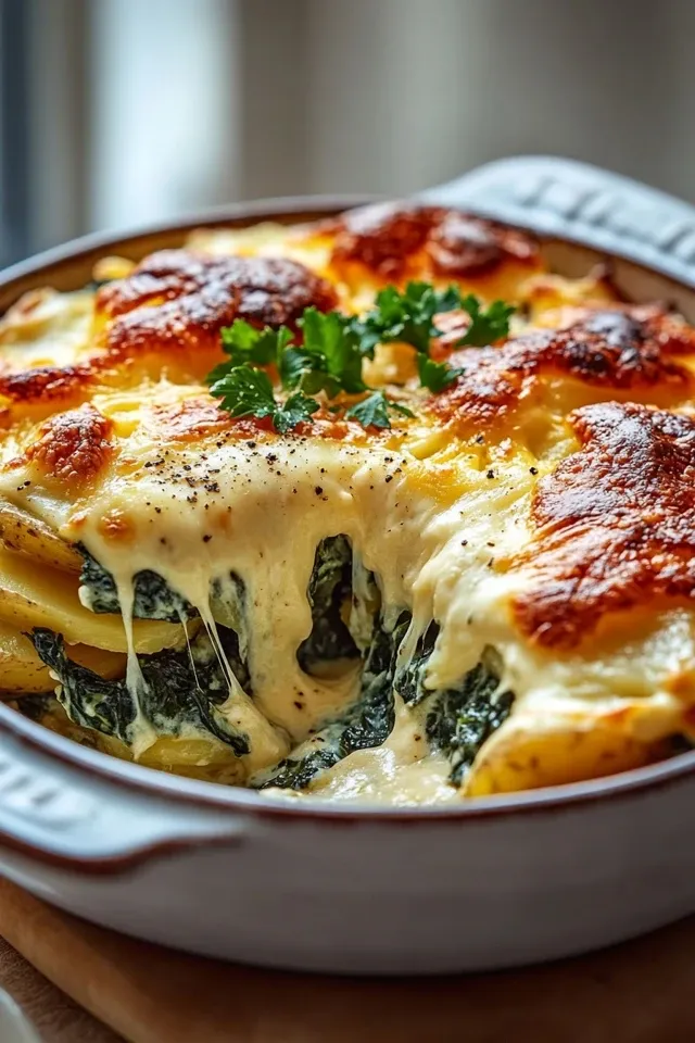 Käse-Knoblauch Kartoffel-Spinat Auflauf