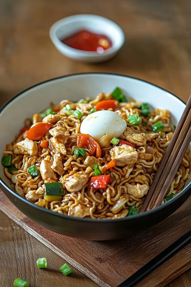 Chinesisch gebratene Nudeln mit Hühnchen und Gemüse