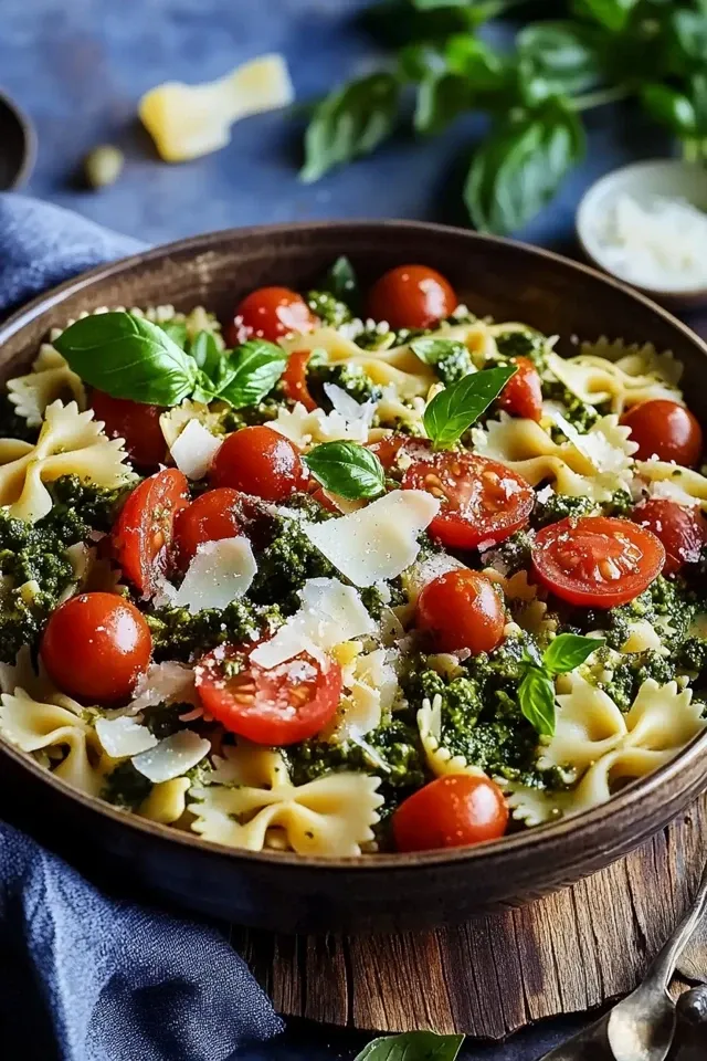 Mediterraner Nudelsalat mit Pesto für Sommerfeiern