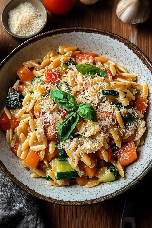 Ein-Topf-Kritharaki mit Gemüse und Parmesan