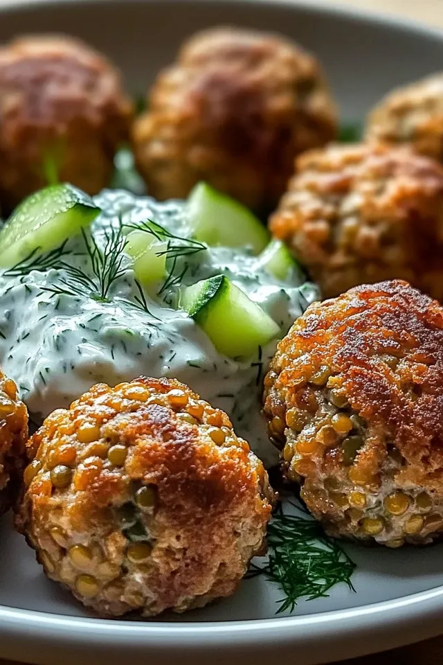 Gebratene griechische Linsenfleischbällchen mit Tzatziki