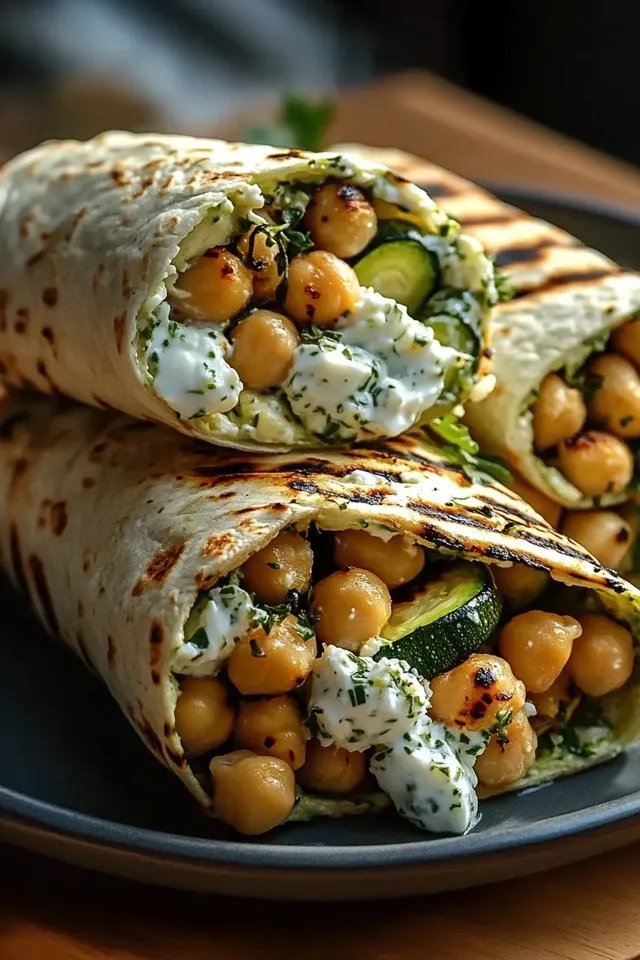 Gegrillte Zucchini-Feta-Kichererbsen-Wraps mit Kräuter-Joghurt