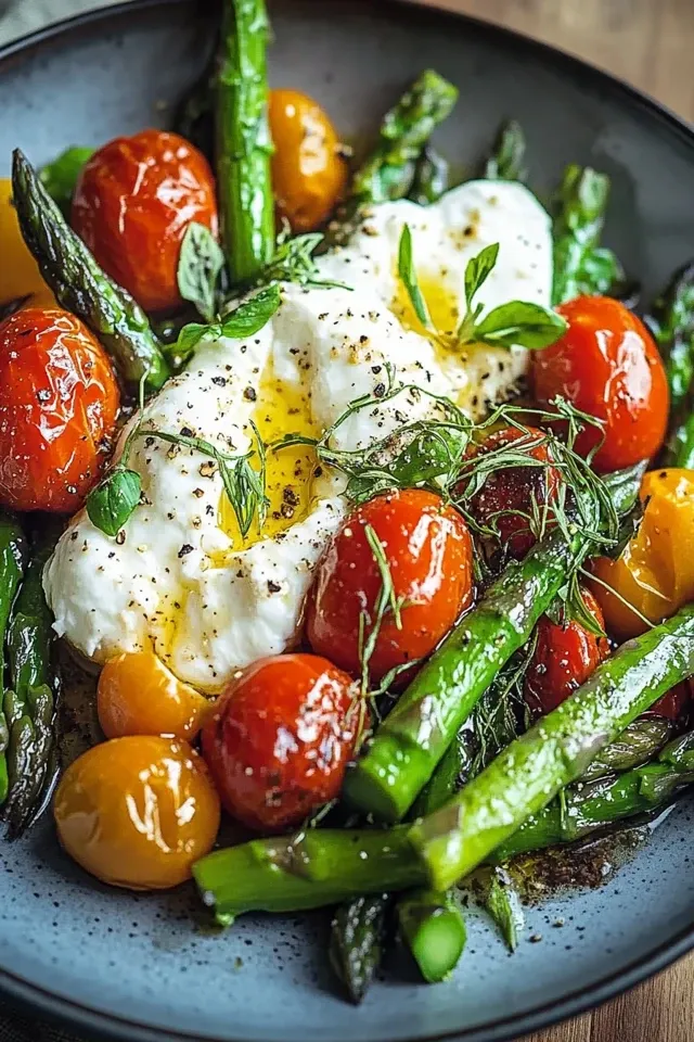 Gerösteter grüner Spargel mit Burrata und Tomaten