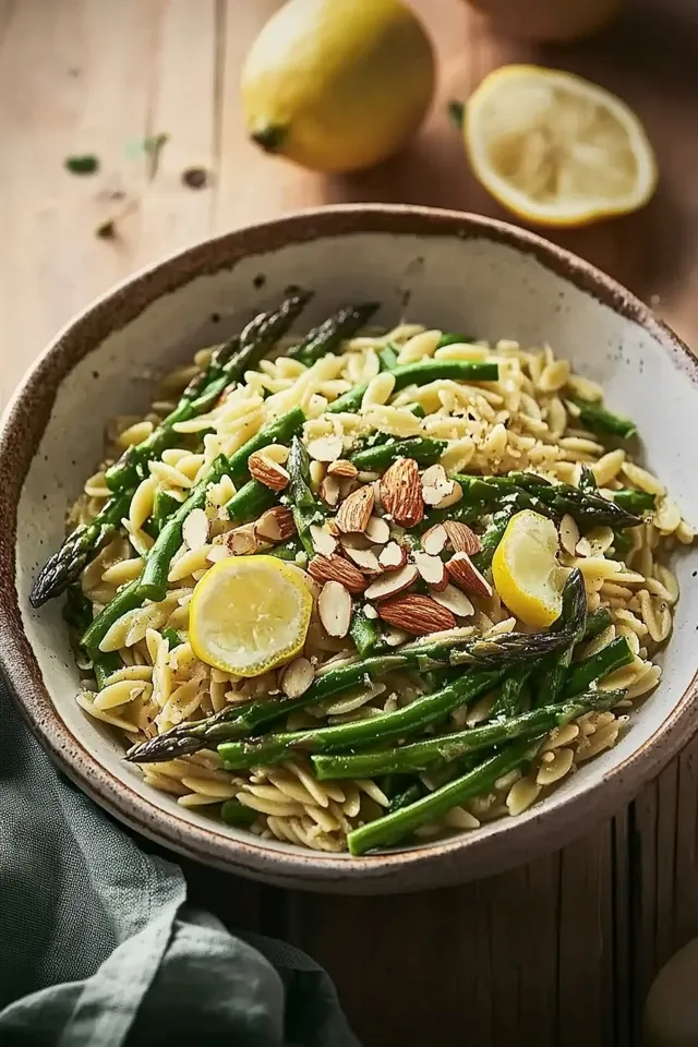 Grüner Spargel-Orzo mit Zitrone und Mandeln