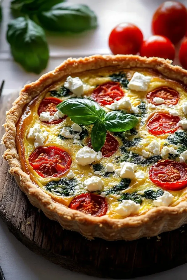 Herzhafte Quiche mit Tomate, Feta, Basilikum & Spinat