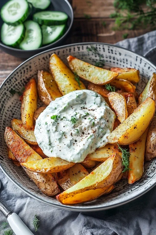 Köstliche Kartoffelspalten mit erfrischendem Gurkendip