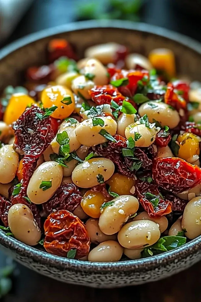 Köstlicher marinierter getrockneter Tomaten-Bohnen-Salat