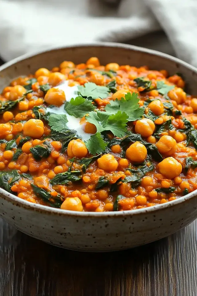 Köstliches Spinat-Curry mit Kichererbsen und roten Linsen