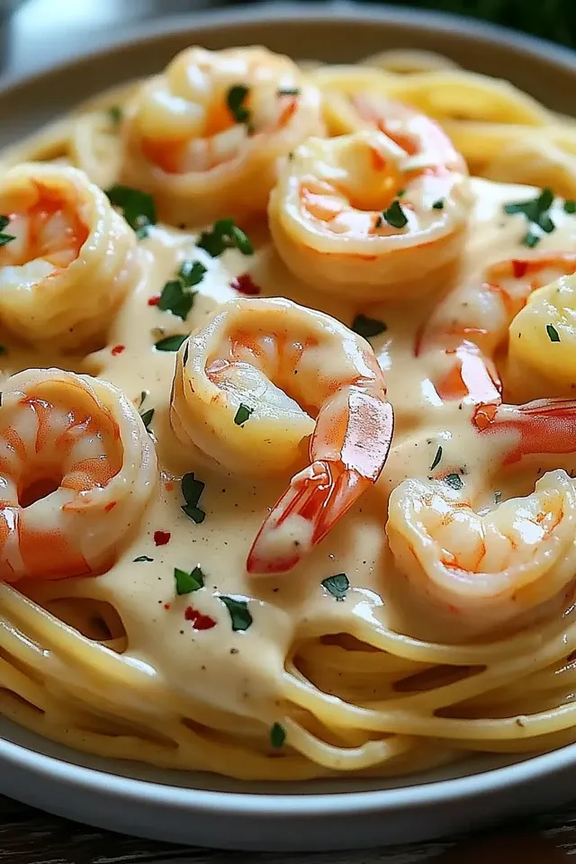 Cremige Spaghetti mit Garnelen und Frischkäse