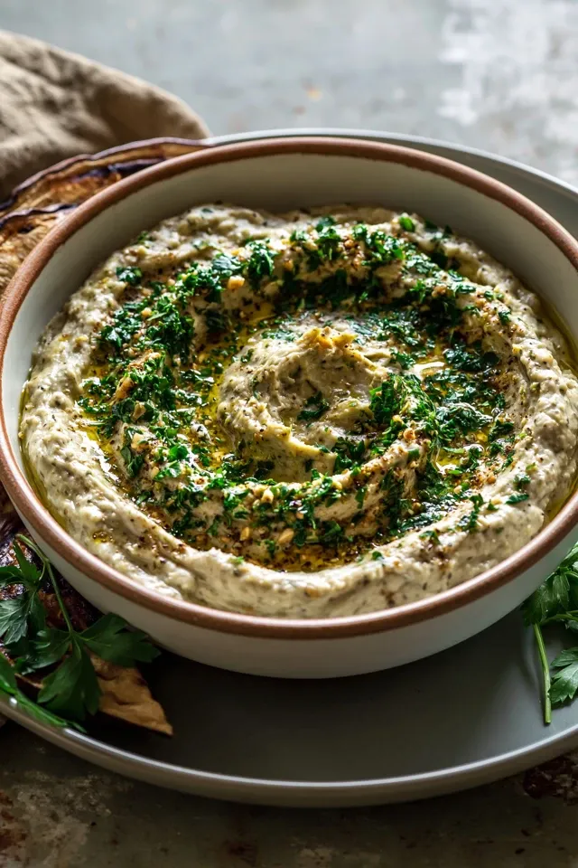 Köstlicher verkohlter Auberginen-Dip mit Knoblauch