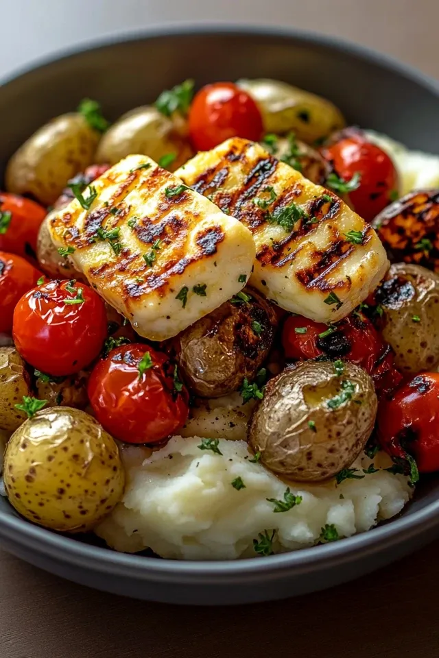 Leichte Griechische Kartoffel-Bowl mit gegrilltem Halloumi