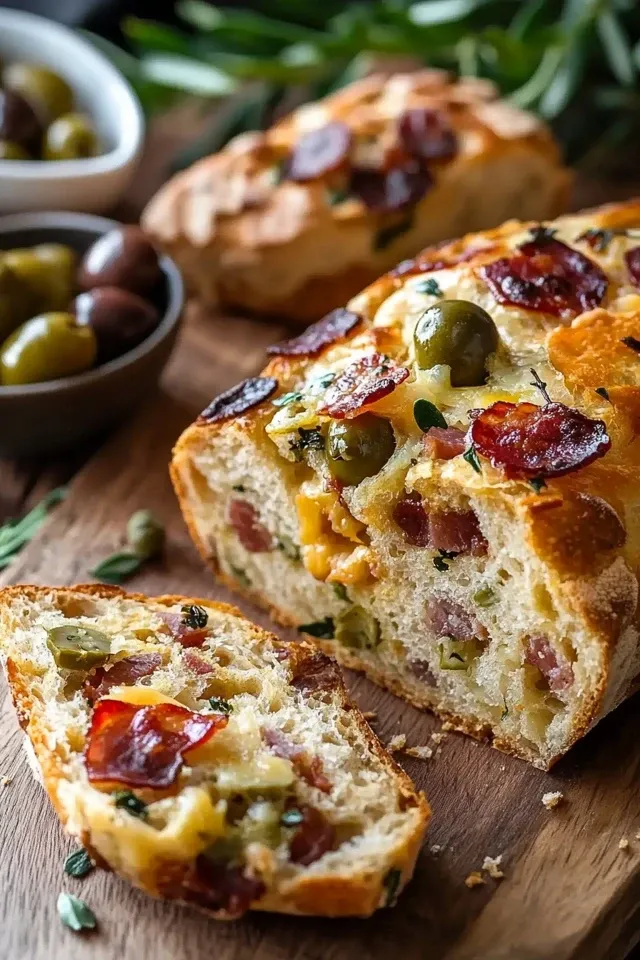 Mediterranes Oliven-Brot mit Käse und Rindfleisch