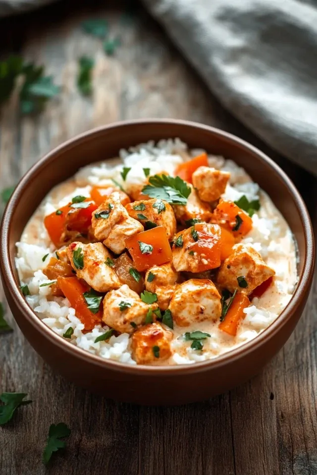Cremige Paprika-Hähnchen-Pfanne mit Reis