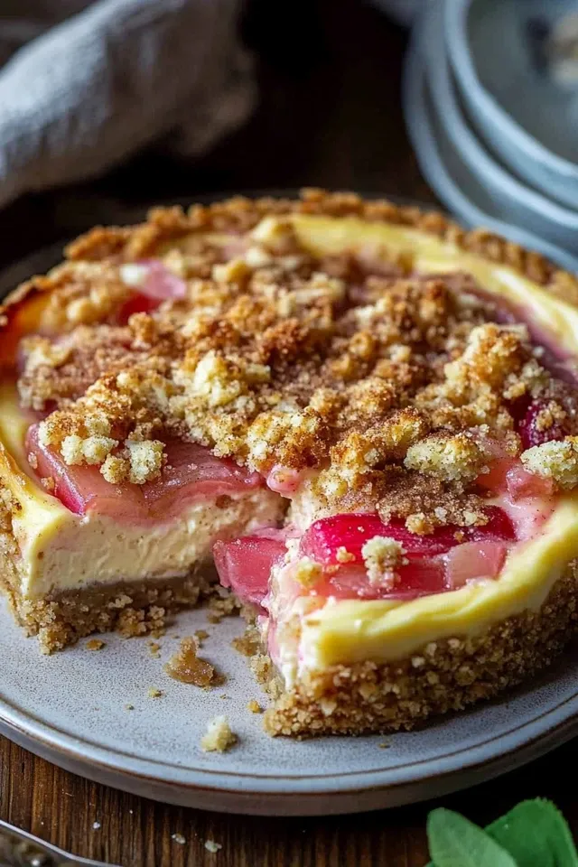 Verführerischer Rhabarber Käsekuchen mit Streuseln