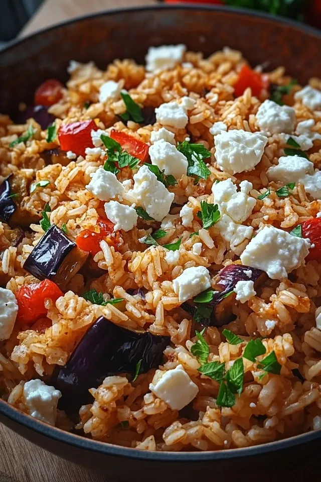 Aromatische Auberginen-Reispfanne mit Feta