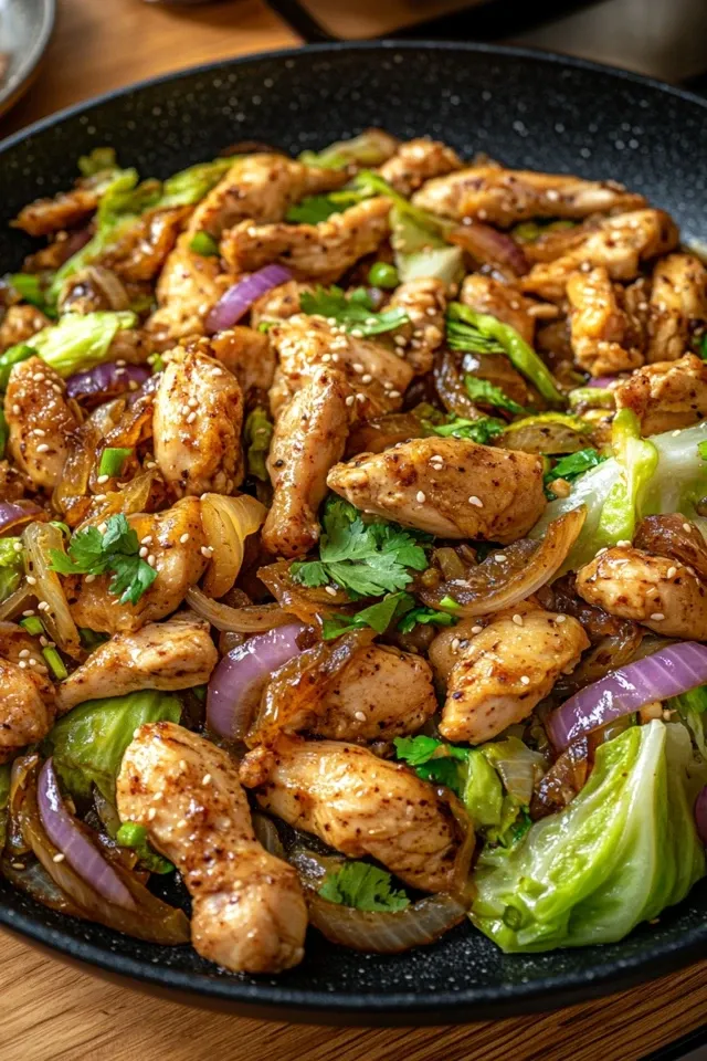 Chinesische Hähnchenpfanne mit Spitzkohl und Zwiebel