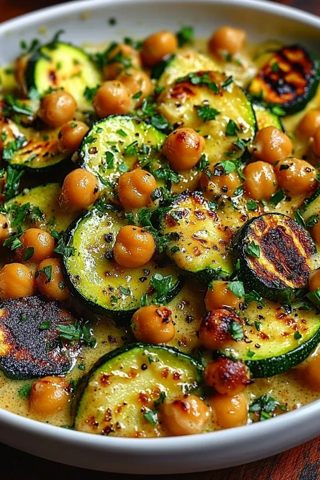 Cremige Kichererbsen-Zucchini-Pfanne mit Knoblauch