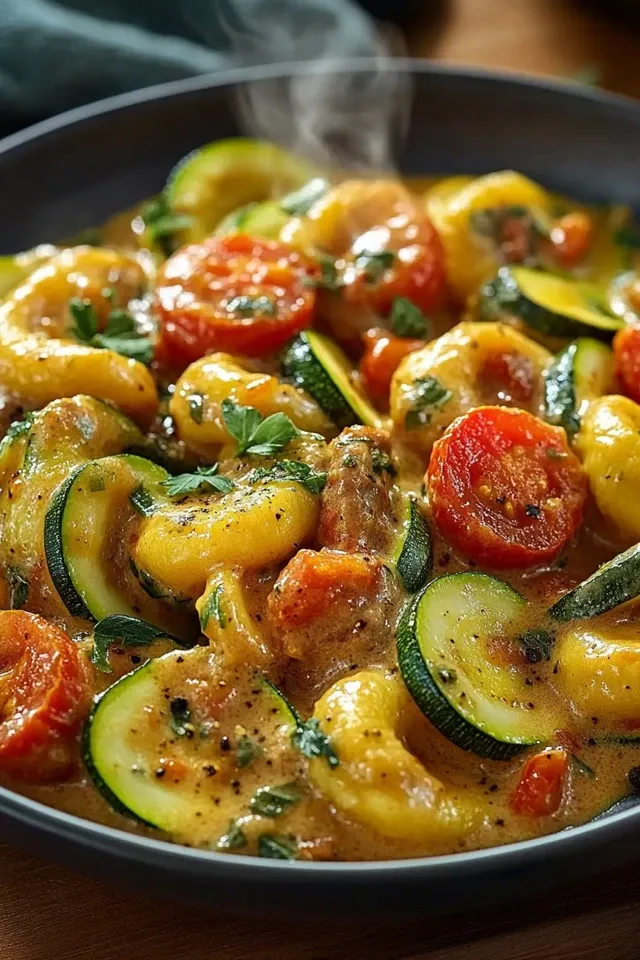 Cremige Maultaschenpfanne mit Zucchini und Tomaten