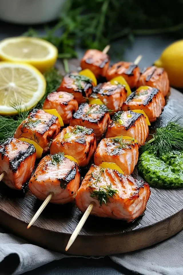 Aromatische Lachsspieße mit Zitrone vom Grill