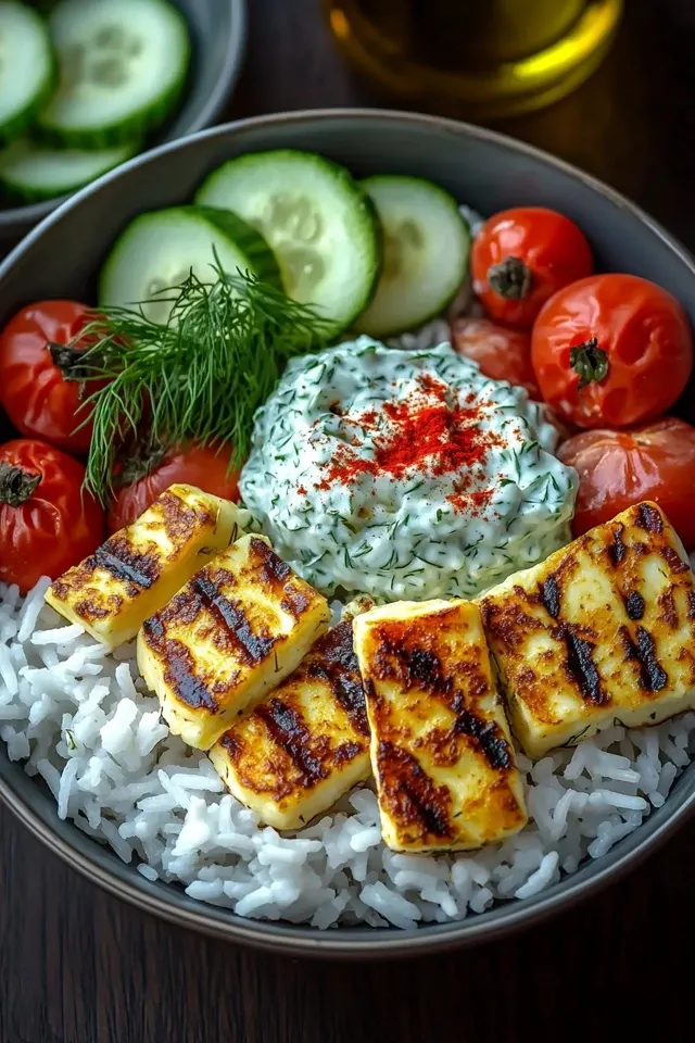 Einfacher Halloumi Bowl mit Reis und Tzatziki Rezept