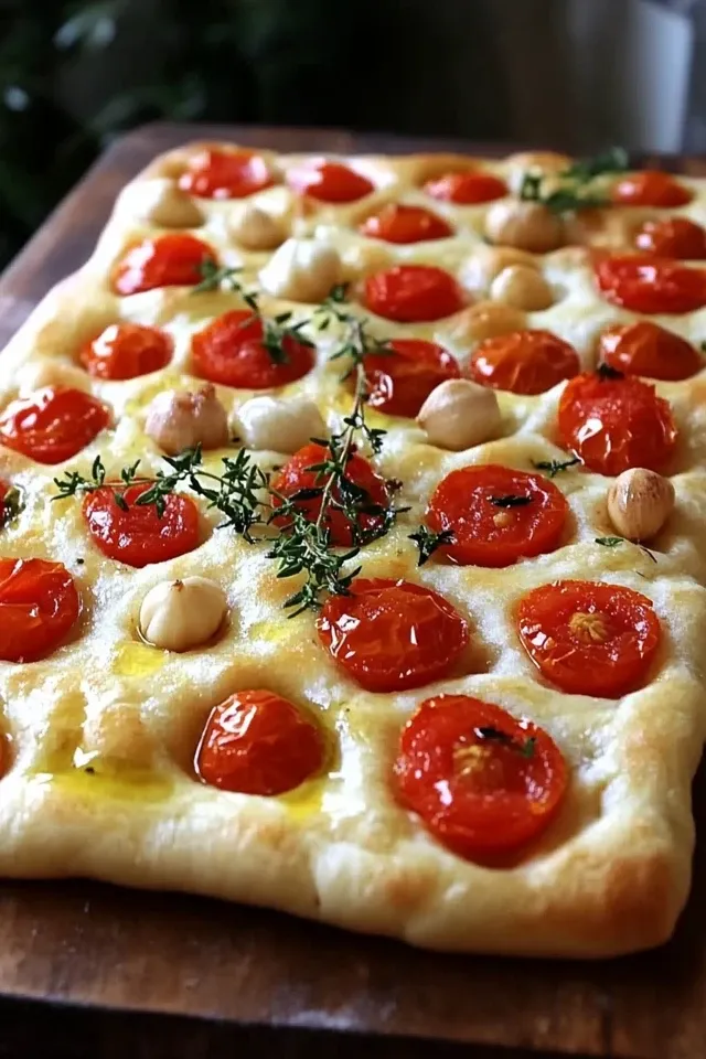 Focaccia mit Tomaten, Knoblauch und Thymian
