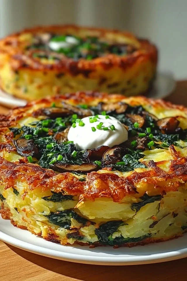 Knuspriger Reibekuchen-Auflauf mit Spinat & Pilzen