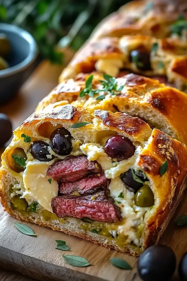Mediterranes Oliven-Brot mit Käse und Rindfleisch