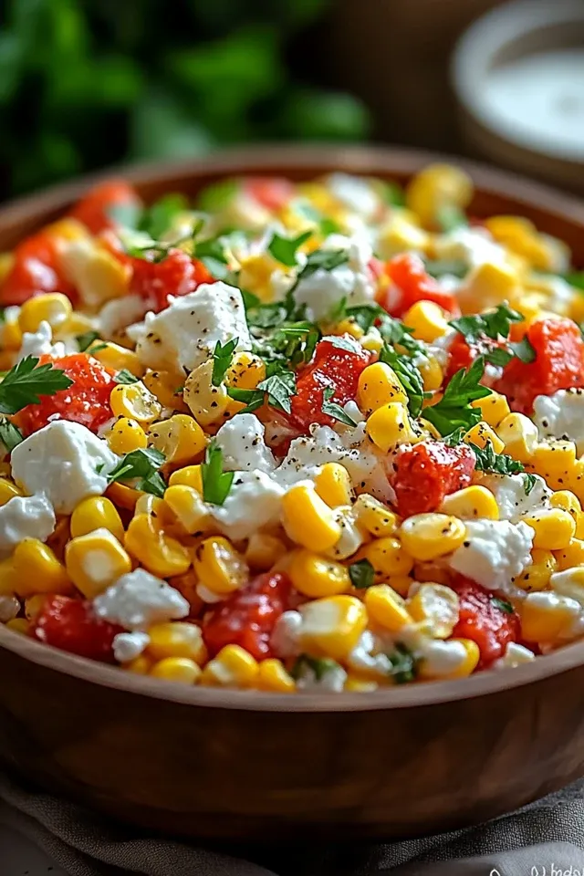 Paprika-Mais-Salat mit Feta und Joghurt-Dressing