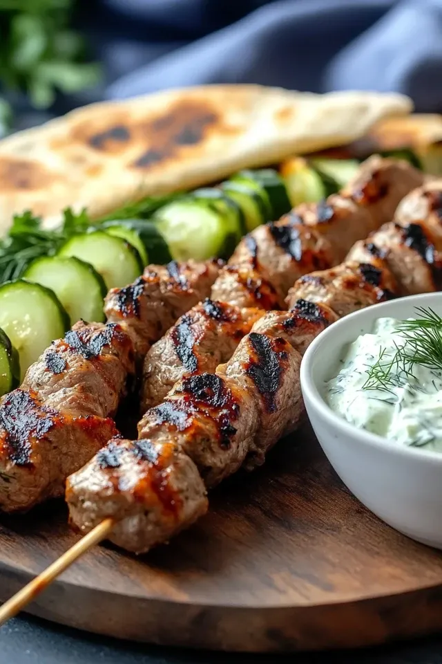 Köstliche Souvlaki Spieße mit Tzatziki und Pita Brot