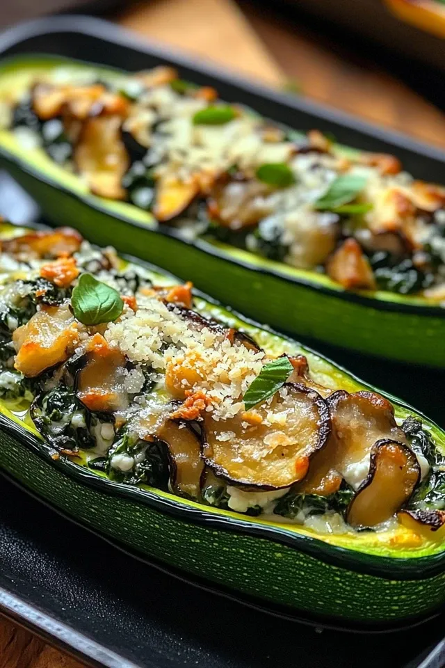 Spinat, Pilz und Ricotta gefüllte Zucchini-Boote