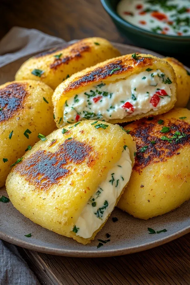 Vegetarische Kartoffeltaschen mit Frischkäsefüllung